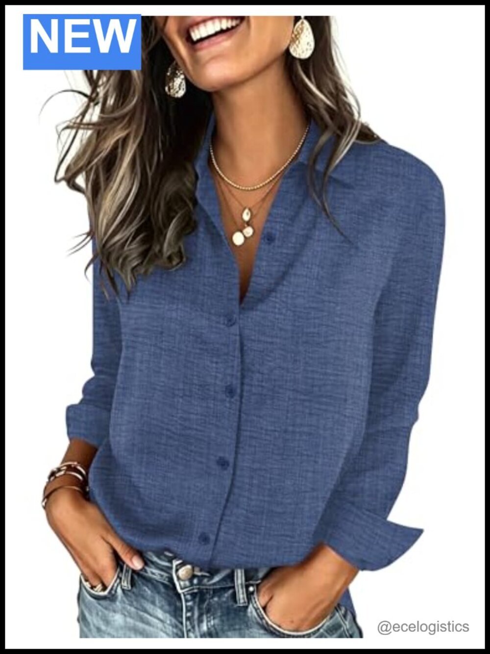 Button Down Shirt for Women Long Sleeve V Neck Blouse Dressy Casual Office Top
